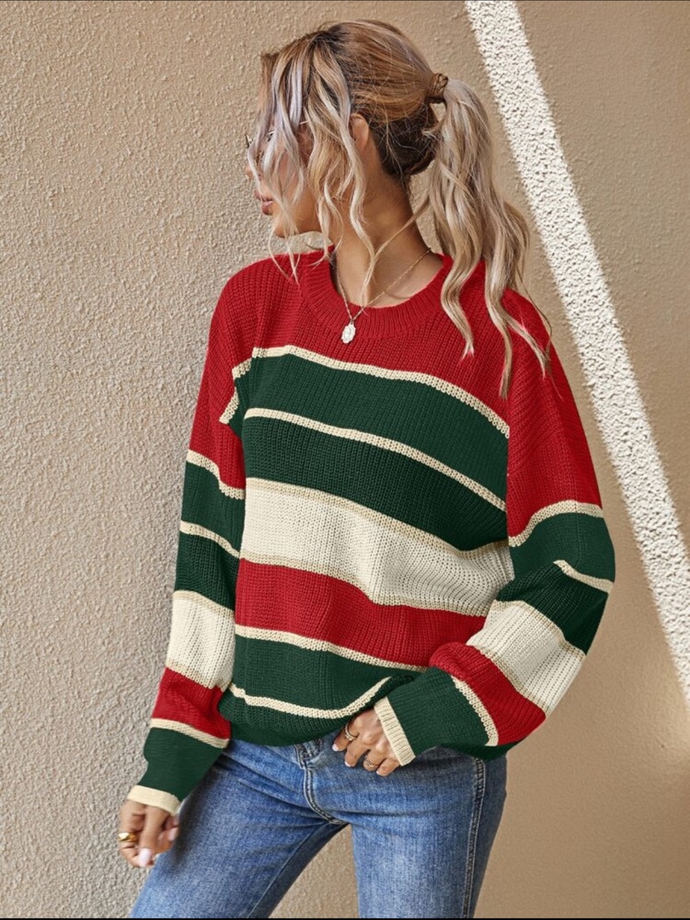 Striped Crewneck Sweater in Red, Green & Cream